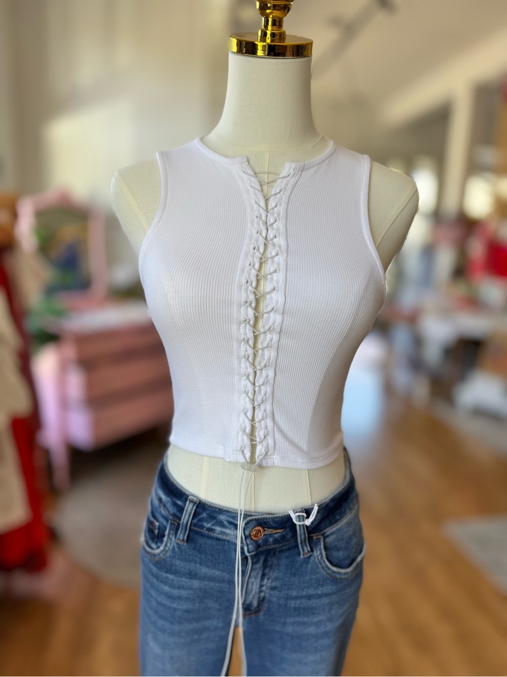 Joah Brown White Ribbed Lace-Up Crop Tank
